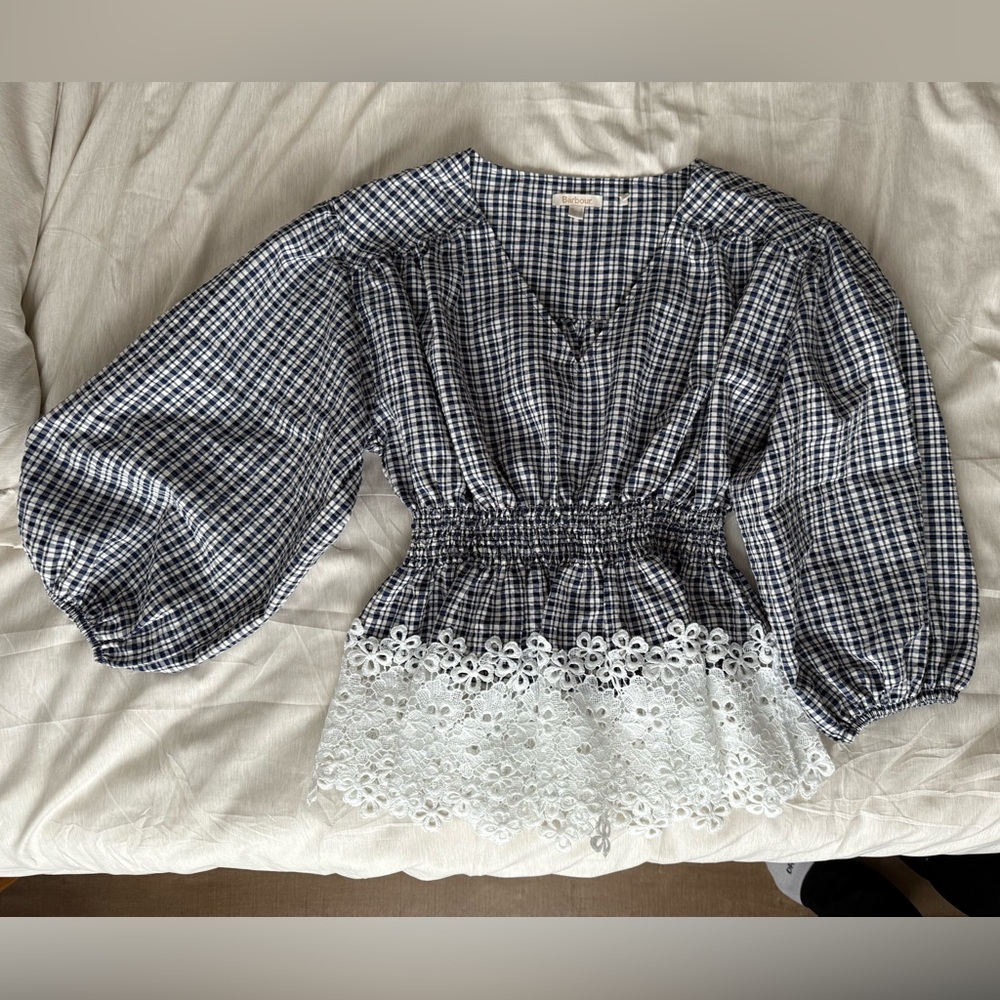 Barbour Navy and White Checkered Blouse with Lace Hem